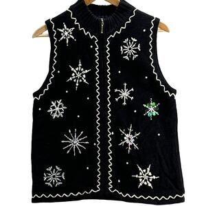 Mercer Street Studio Vintage Black White Beaded Snowflake Zip Up Sweater Small